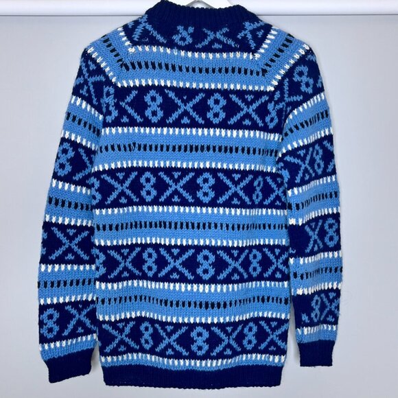 Lambswool Vtg Chilean Sweater Blue Fair Isle Hand Knit Ski Aztec Tribal Sz Small - Picture 3 of 7